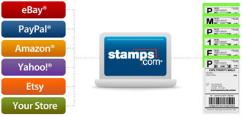 A laptop computer with the Stamps.com logo on it in the middle, with a list of stores to the left and a list of shipping labels to the right